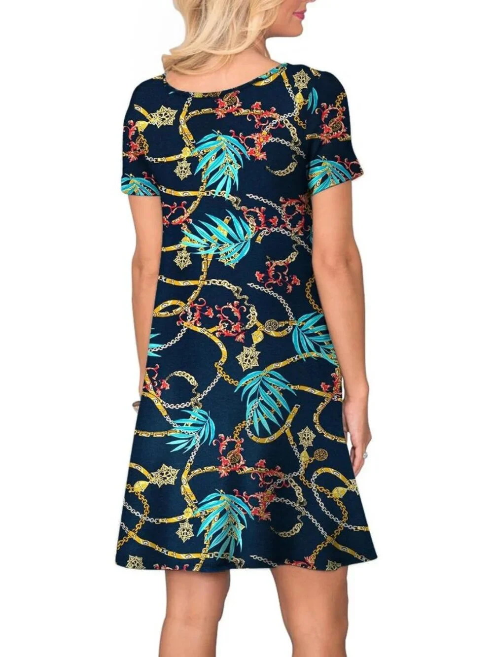 Women's Navy Blue Chain Casual V Neck Short Sleeve Pull On Pockets T Shirt - Picture 4 of 4
